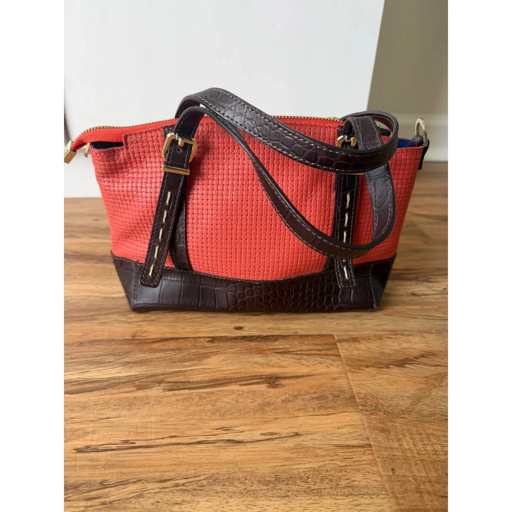 Ripani Italian Leather Handbag Red Woven Brown Croc Embossed Satchel Bag